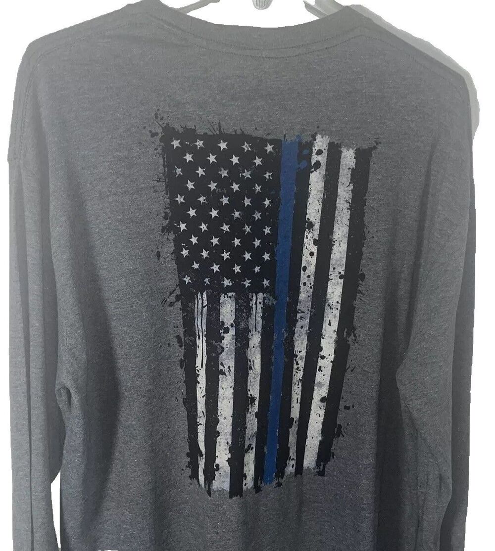 XL Optima Thin Blue Line Police Officer American Flag Grey T-shirt Long Sleeve